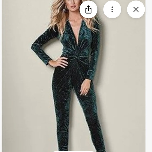 Venus Crushed Velvet forest green deep V jumpsuit, size med, thin elastic waist - Picture 6 of 9